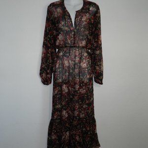 Anthropologie o.p.t. black, red, cream floral print long sleeve sheer maxi dress